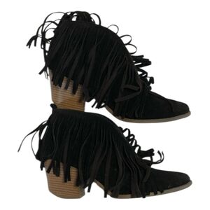 Beast Fashion Black Suede Fringe Ankle Booties | Boho Western Stacked Heel 8.5